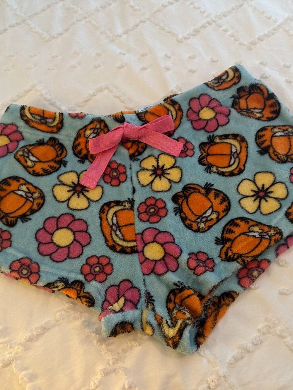 Garfield Plush Pajama Shorts XL Y2K Floral Pink Bow Fuzzy Lounge